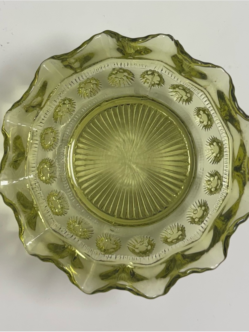 Vintage Green Depression Glass bowl. 5.5 in x 5.5 in. Small chip on rim.